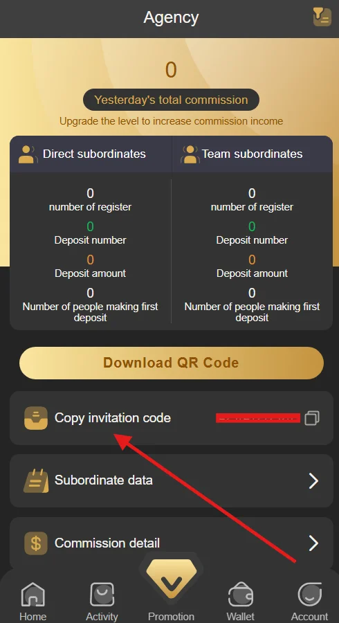 Copy the invitation link in the refer and earn program.
